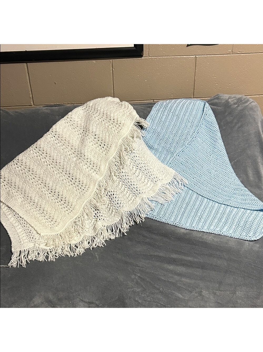 Hand Crocheted White and Blue Knit Baby Blankets